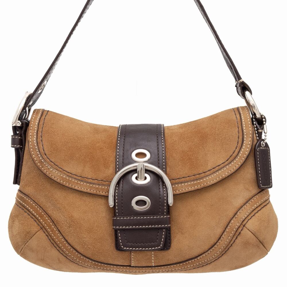 COACH VTG Soho Small Buckle Shoulder Bag Tan Suede Brown Leather Y2K F10917 - Picture 2 of 15